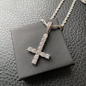 Upside Down Cross Inverted Diamond Pendant w/ 24" Rope Chain